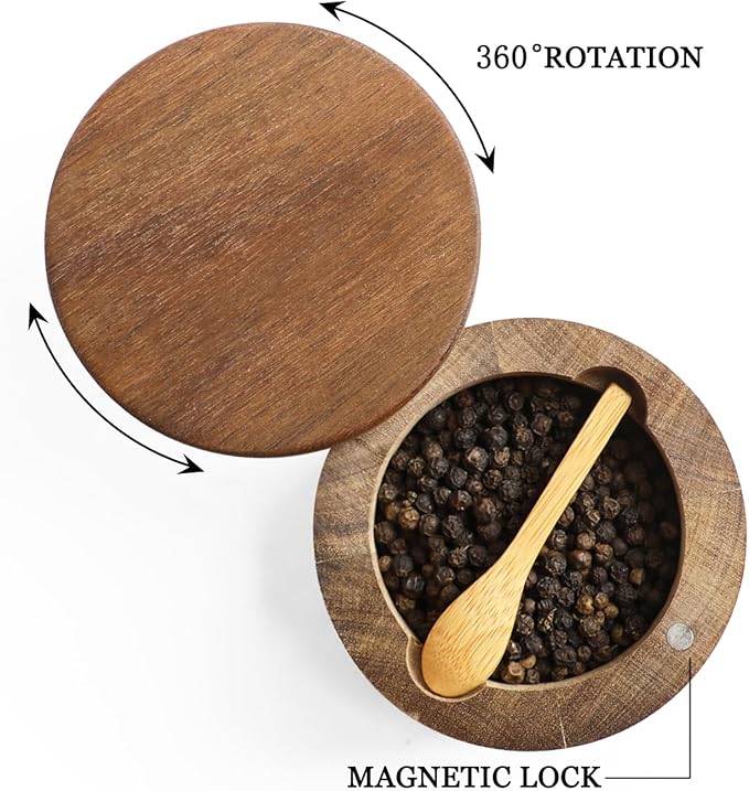Acacia Wood Spice Box with Swivel Cover for Kitchen Countertop,Salt Keeper with Built-in Spoon,Modern Farmhouse Kitchen Decoror for Storing Seasonings (Labeled Salt & Pepper)