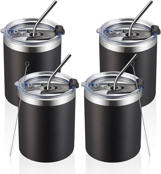 MEWAY 12 oz Lowball, Tumbler Stainless Steel Double Wall Vacuum Insulated Mug with Straw and Lid, Cleaning Brush ，Durable Powder Coated Insulated Coffee Cup for Cold & Hot Drinks (Black,4 pack)