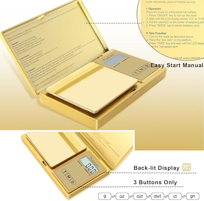 Fuzion Gram Scale, 200gx0.01g Digital Pocket Scale Gold Titanium Plating, High Precision Small Scale, 6 Units Jewelry Scale with Back-Lit LCD, Tare Function for Food, Powder, Herb, Arrow, Travel