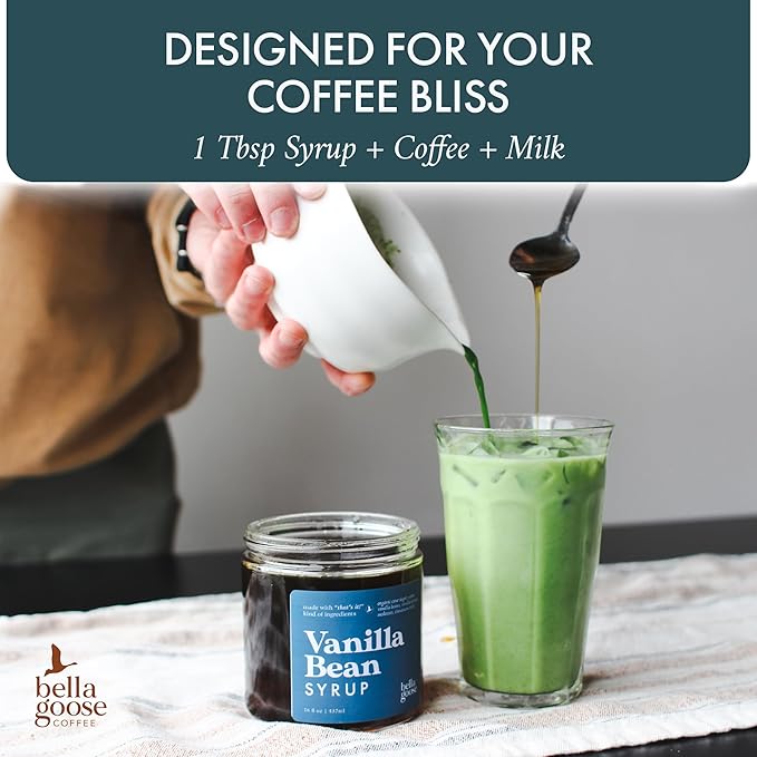 Bella Goose Vanilla Bean Coffee Syrup Jar (16oz) - Homemade Pure Cane Sugar Syrup for Lattes, Mocha, Desserts, & Ice Cream - Clean Ingredient - No Artificial Flavors, Oils, Dyes, or Preservatives Syrups for Coffee Drinks