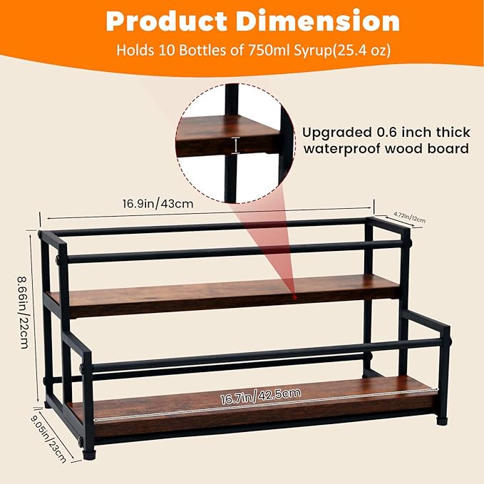 Coffee Syrup Rack Organizer - 2-Tier 10 Syrup Bottles Holder for Coffee Bar, Liquor Bottle Display Shelf - Rustic Kitchen Cabinet for Spices, Jars - Stepped Pantry Shelf for Syrup, Wine, Tea & Coffee