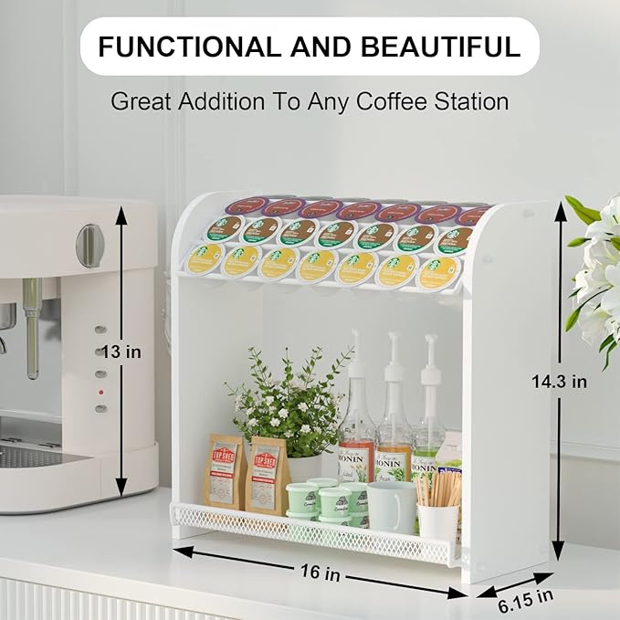 Coffee Pod Organizer for Countertop, Bamboo K Cup Holder, Easy Assembly Coffee Station Organizer for Home Office Coffee Bar, White