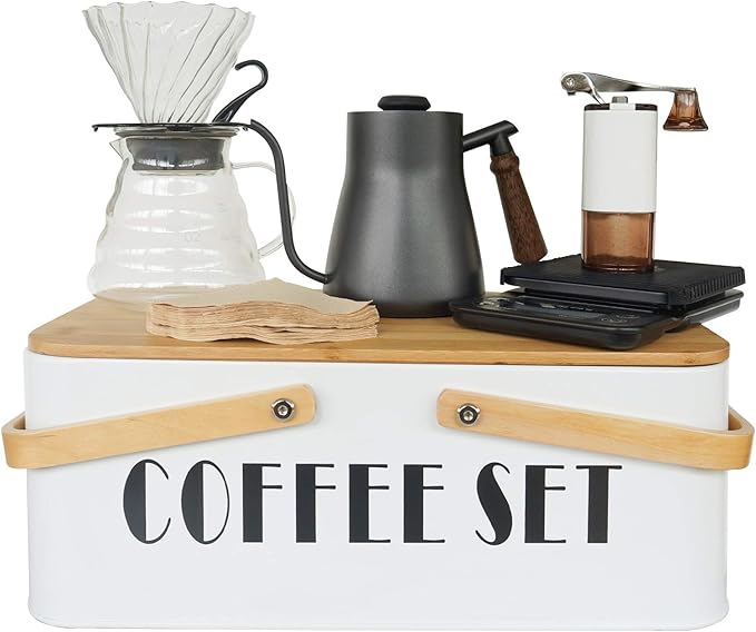 Pour Over Coffee Maker Set Coffee Kettle Scale Server Dripping Cup Bean Grinder Filter Paper Ceramic Cup ALL in 1 Great Portable Metal Box for Traveling Excellent Coffee Gift