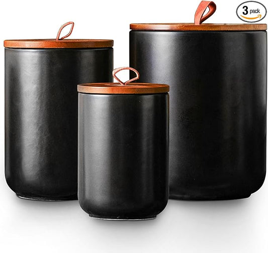 JOJUNO Black Ceramic Food Storage Canister Set (30 oz, 48 oz, 82 oz) with Bamboo Lids, 3-Piece Airtight Jars for Flour, Sugar, Coffee, Tea, Oats, Spice – Kitchen Storage Containers with Lids