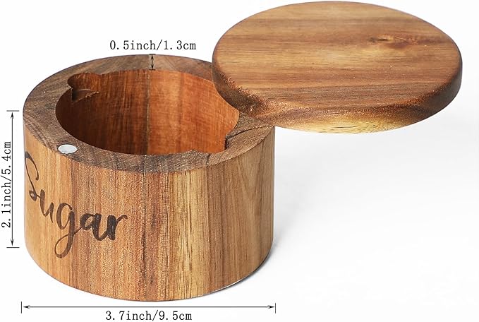 Acacia Wood Spice Box with Swivel Cover for Kitchen Countertop,Salt Keeper with Built-in Spoon,Modern Farmhouse Kitchen Decoror for Storing Seasonings (Labeled Sugar)