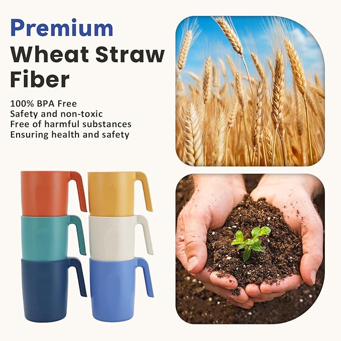 Homienly Wheat Straw Coffee Mugs, Alternative to Plastic Coffee Cups, Set of 6, Unbreakable Camping Coffee Mugs, 16 OZ Cups for Tea, Coffee, Milk, Dishwasher and Microwave Safe Kids Mug, Multi