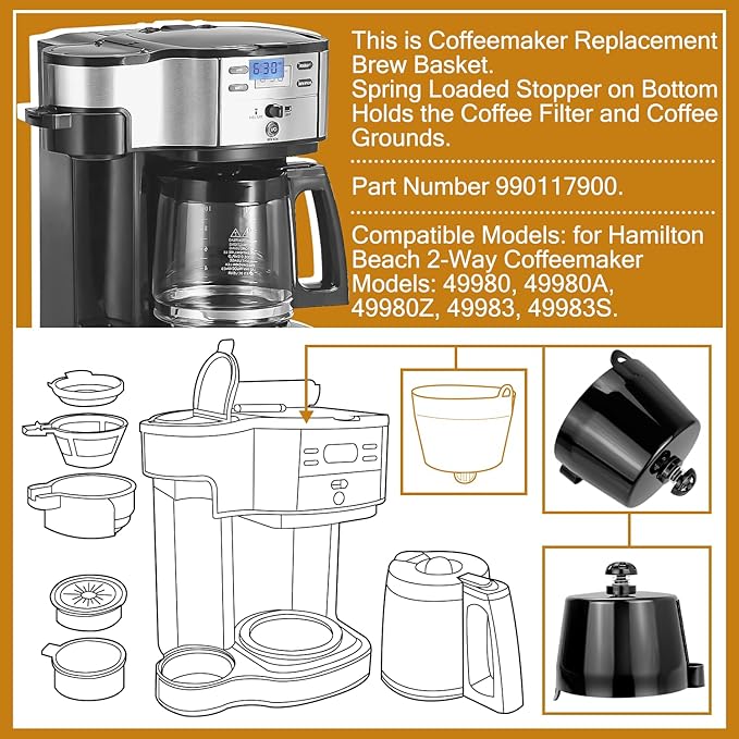 HASMX 990117900 Coffee Maker Brew Basket Replacement Part for Hamilton Beach CoffeeMaker 49980, 49980A, 49980Z, 49983, 49983S Black Plastic Filter Basket Holder (1-Pack)