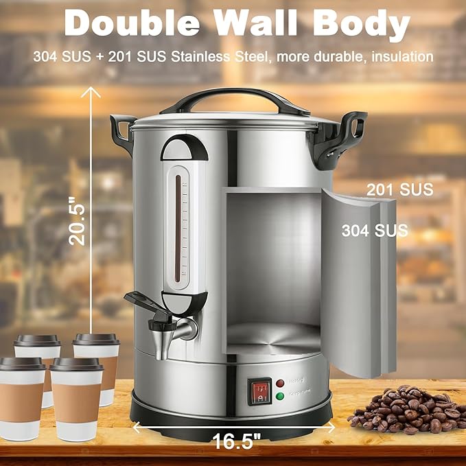 Coffee Percolator Large Coffee Maker 155 Cups Commercial Coffee Urn Electric Industrial Coffee Maker Hot Water Dispenser Tea Maker Machine for Catering, Church, Restaurant Dual Layer Stainless Steel