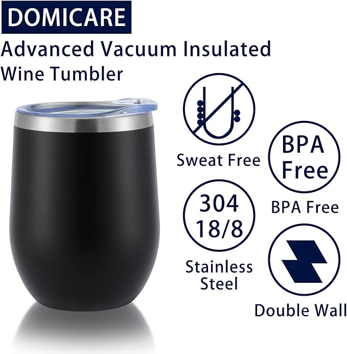 DOMICARE Stainless Steel Wine Tumbler Bulk with Lid, Personalized Insulated Tumblers Set, 12oz Travel Coffee Cups Pack of 12, Black