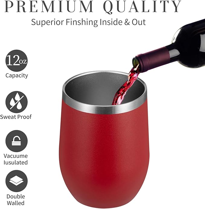 MEWAY 12oz/12 Pack Wine Tumbler Glasses with Lid -Double Wall Vacuum Stainless Steel Travel Tumbler Mug,Stemless Insulated Wine Cup for,Coffee,Cocktails,Gifts (Red,Set of 12)