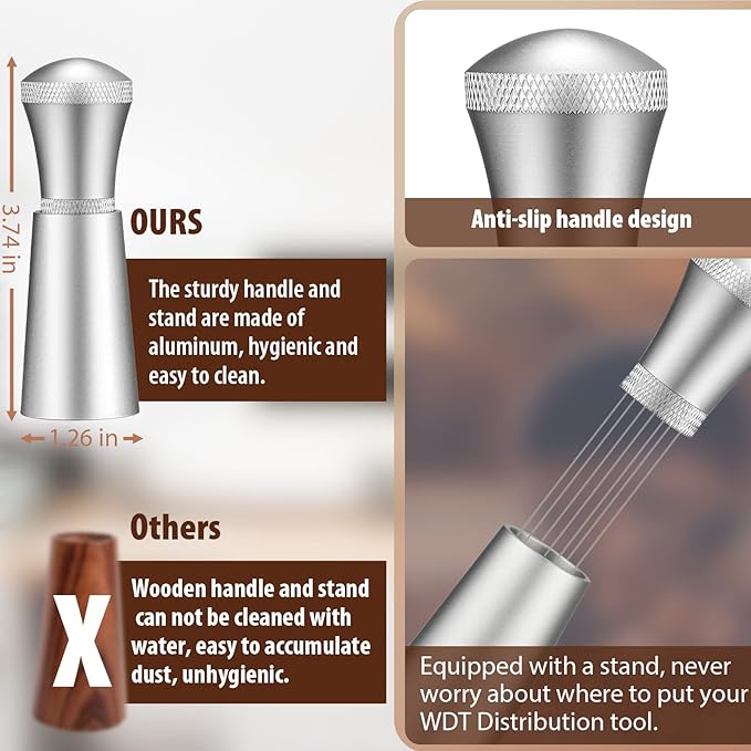 WDT Espresso Distribution Tool Espresso Stirrer Tools for Barista, 0.35mm 7 Needles Espresso Coffee Stirrer with Extra 7 Replaceable Needles, Aluminum Alloy Handle with Stand (Silver)