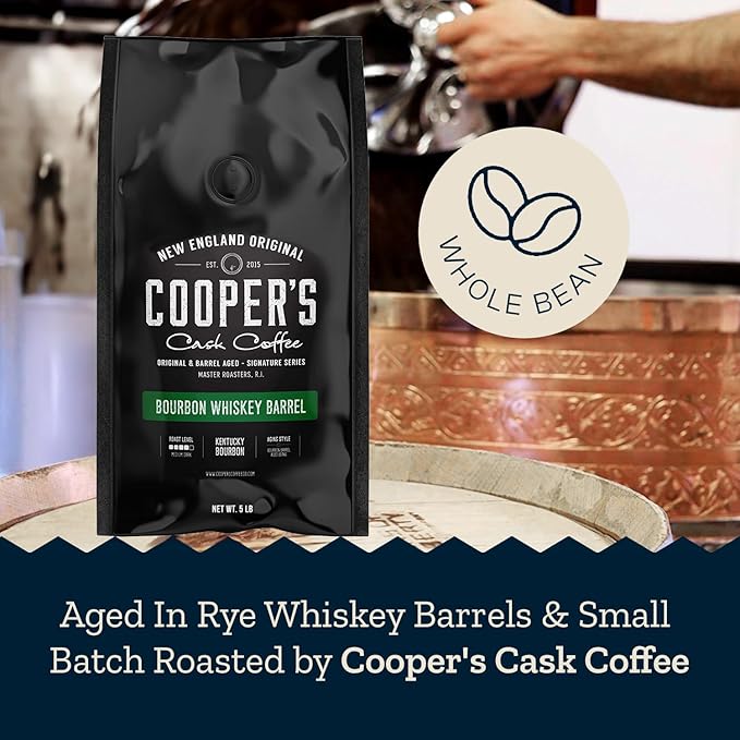 Bourbon Whiskey Barrel Aged Coffee - Whole Bean, Single Origin Grade 1 Colombian Aged in Kentucky Bourbon Whiskey Barrels - 5lb Bags