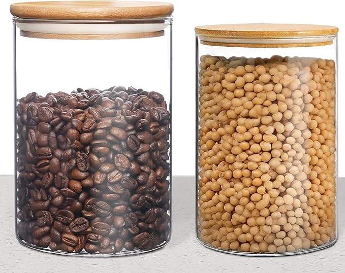 33 oz Glass Food Storage Jars with Airtight Lids, Clear Glass Jar with Bamboo Lid, Airtight Food Canister for Tea, Candy, Coffee, Sugar, Cookie, Snack. (Round | 5+6 Inch)