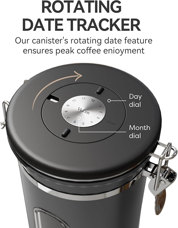 Veken Coffee Canister with Window,Airtight Stainless Steel Kitchen Food Storage Container, Date Tracker & Scoop for Grounds Coffee, Beans, Tea, Flour, Cereal,Sugar,22OZ,Grey