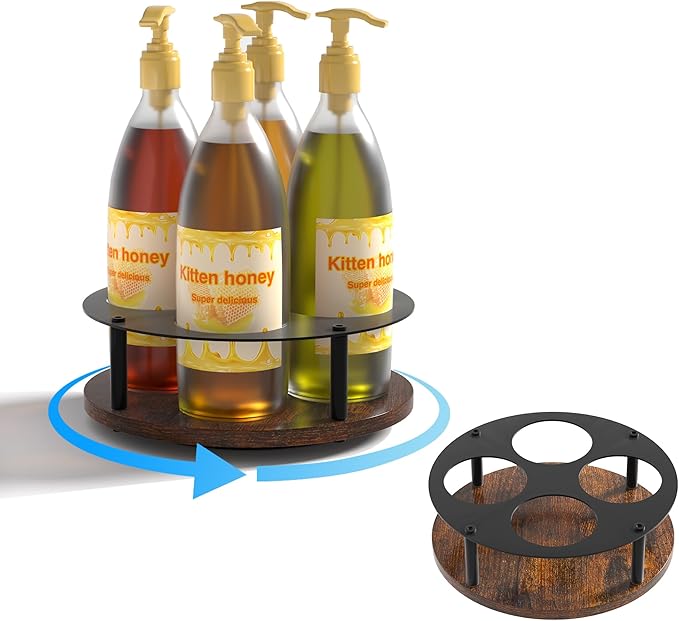 Invech Rotating Coffee Syrup Rack, Wood Syrup Holder for Countertop & Coffee Bar, 4 Bottles Turntable Wine Display Tray for Bar