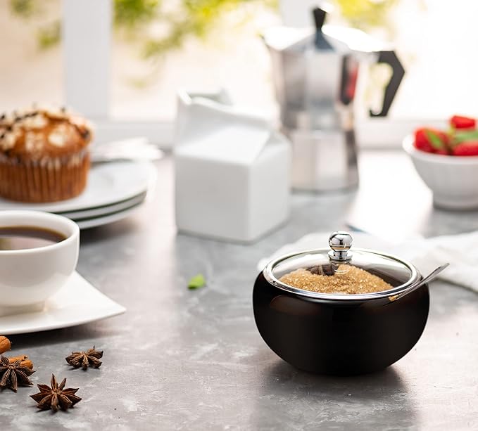 KooK Sugar Bowl, Sugar Bowl with Lid and Spoon, Sugar Container with Lid, for Salt, Coffee, Holds 2 Cups, Dishwasher Safe, Matte Black, 16 Oz
