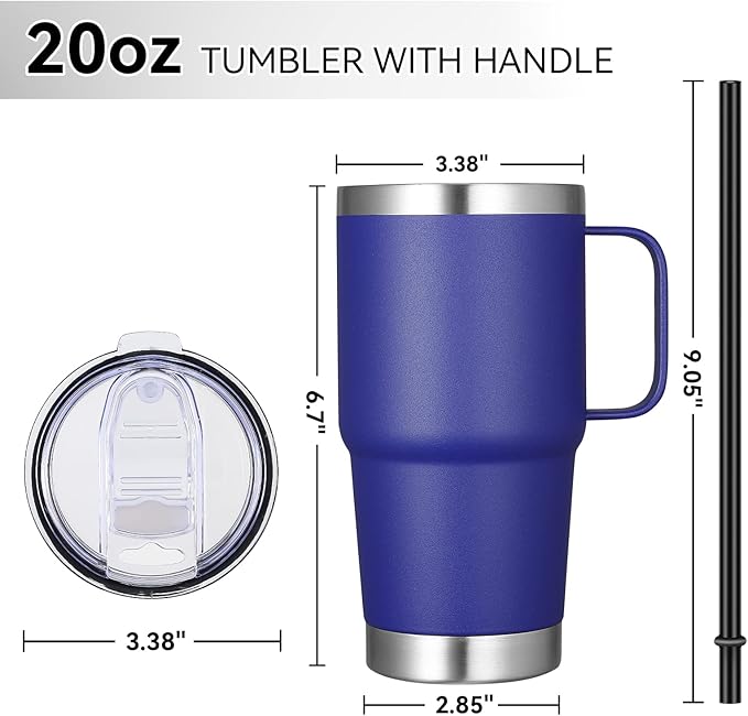 VEGOND 20 oz Tumbler Bulk with Handle Lid and Straw, Stainless Steel Insulated Travel Coffee Mug Set, Spill Proof Double Wall Metal Tumblers Cups, Royal Blue 6 Pack