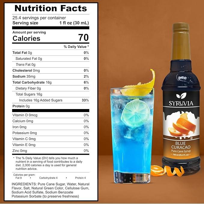 Syruvia Blue Curacao Syrup, Flavored Syrup for Cocktails, Drinks, Lemonades, Iced Teas, and Desserts – 25.4 fl oz, With Pump