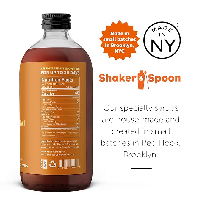 Shaker & Spoon Spiced Chai Cocktail Syrup, 16oz Coffee Syrup for Drinks, Coffee Syrups, Cocktail Mixers, Mocktails, Non Alcoholic Drinks