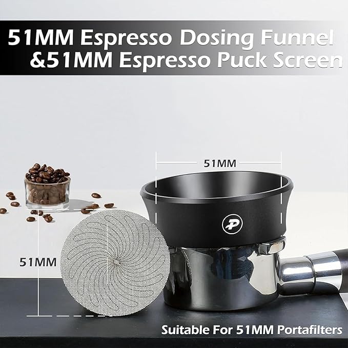 PUSEE 51mm Magnetic Dosing Funnel & Puck Screen Set 8 Magnetic Espresso Coffee Dosing Ring Reusable 1.7mm Puck Screen 316 Stainless Steel Fits All 51mm Portafilters Espresso Tools Espresso Accessories