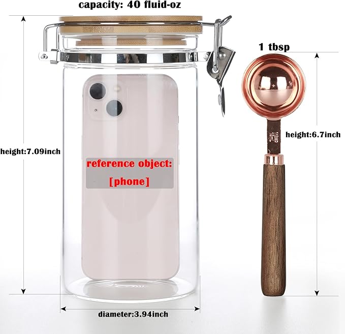 KKC Borosilicate Glass Coffee Bean Storage Container with Airtight Lid,Glass Sealed Jar with Locking Clamp Lid for Coffee Beans,Nuts,Coffee Storage Canister with Spoon for 1 lb Bean,40 Fluid-oz