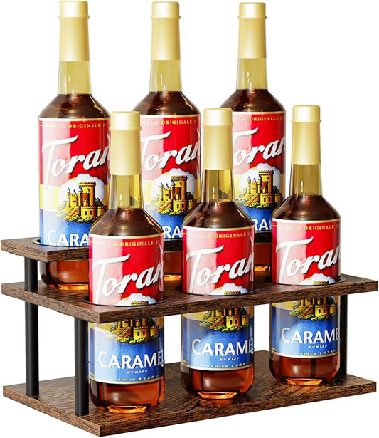 KLM Coffee Syrup Organizer, 2 Tier Wooden Small Display Shelf (6 Bottle Capacity),Syrup Bottle Sturdy Holder for Coffee Bar, Kitchen Countertop Syrups, Condiments and Wine