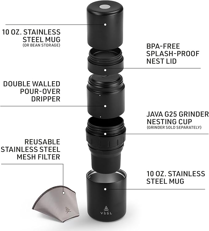 VSSL - Nest Pour Over Coffee Kit | Coffee Maker for Camping | All-In-One Travel Pour Over | Transportable Dripper, Two 10oz Stainless Steel Travel Mugs | Compact Storage & Adventure Ready | Black