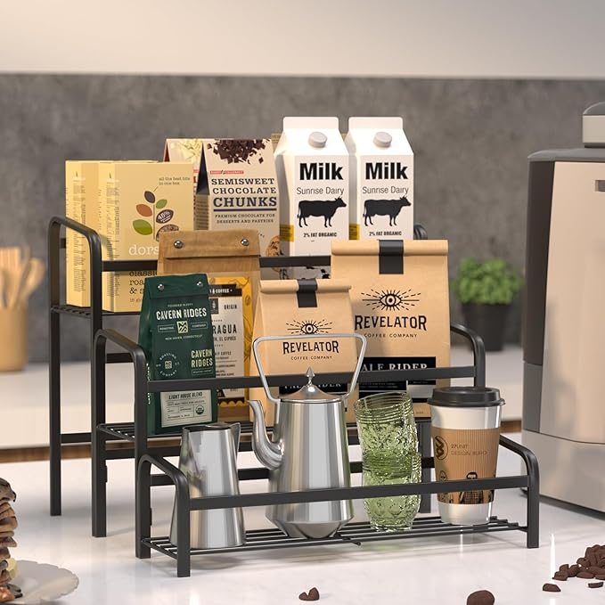 Coffee Syrup Organizer 3-Tier, 12 Bottles Capacity Coffee Syrup Rack, Metal Syrup Stand for Spice, Wine, Liquor, Bottle, Coffee Bar Station Racks Magnetic, No Installation, Black