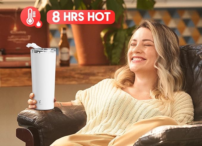 Meoky 24 oz Travel Coffee Mug with Leak-proof Lid, Stainless Steel Insulated Coffee Tumbler, Keeps Hot for 8 Hours or Cold for 24 Hours, Fits in Car Cup Holder (Ivory)