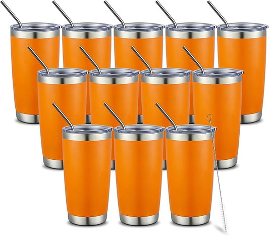 COMOOO 20oz Double Wall Vacuum Insulated Travel Mug Bulk Stainless Steel Tumbler with Lid and Straw Durable Powder Coated Insulated Coffee Cup for Cold & Hot Drinks (Orange, 12 pack