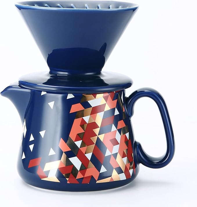 Pour Over Coffee Maker, Ceramic Coffee dripper with 100 pcs Size 02 Paper Filter, Ceramic coffee Server with Lid, 15.5oz/450 ml, Suitable for 1-2 people (Blue)