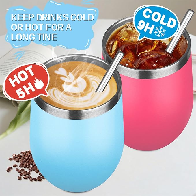 12oz/4 Pack Stainless Steel Wine Tumbler with Lid and Straw, Double Wall Vacuum Insulated Wine Tumbler Glasses, Stemless Travel Mugs for Hot and Cold Drinks, Coffee, Wine, Cocktails