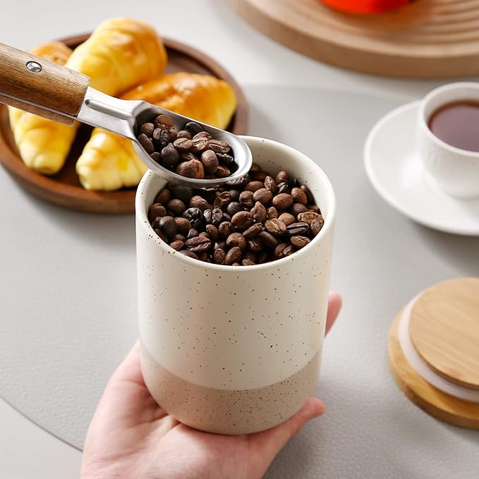 vancasso Sabine Small Ceramic Canister with Airtight Wood Lid - 18 oz Kitchen Storage for Coffee, Sugar, Tea & Spices - Compact Countertop Jar
