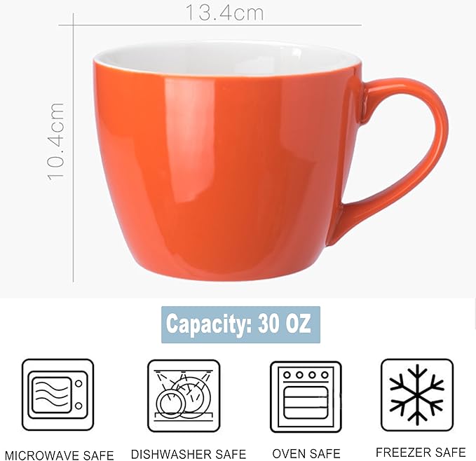 MECOWON 30 OZ Porcelain Coffee Mugs, Set of 2 Large Mugs for Soup, Cereal and Salad (Orange)