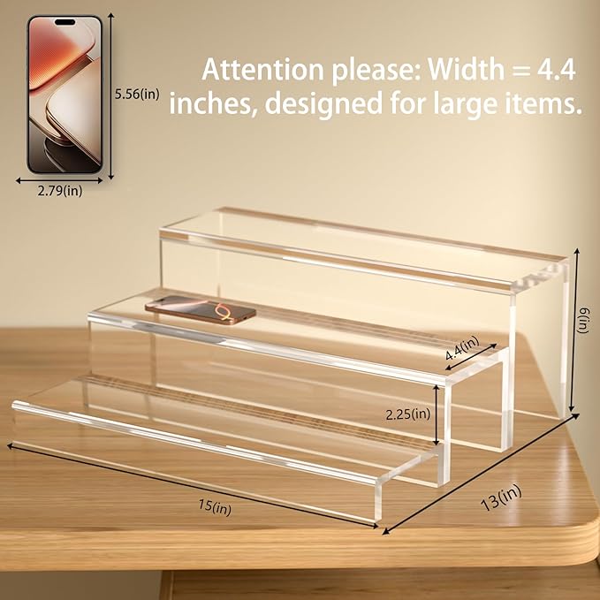 2 Pack Tiers Bar Shelves for Liquor Bottles, 15" Clear Acrylic Risers Display Racks Stands for Figures Pops Cupcake Perfume Collections (Clear)