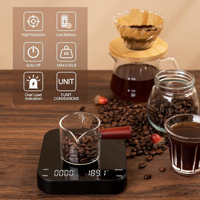 Meilen 0.1g Precision Coffee Espresso Scale - 3kg Digital Scale with Timer, USB Rechargeable, 3 Weight Units, 4 Independent Buttons Easy to Control, for Espresso, Pour Over, Drip, Kitchen