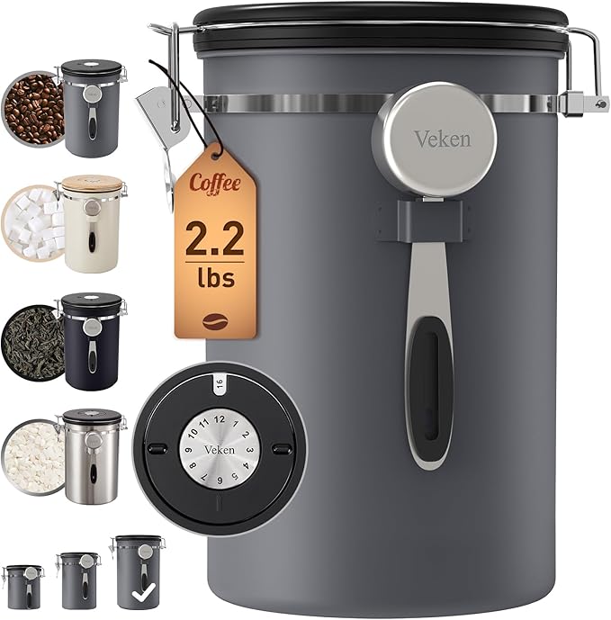 Veken Coffee Canister, 39OZ Large, Airtight Stainless Steel Food Storage Container for 2.2lbs Coffee Beans, Ground, Sugar, Tea, Flour, Cereal, Kitchen Bar Accessories with Date Tracker & Scoop, Gray