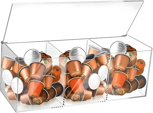 Acrylic Coffee Pod Holder with Lid for 24 Kcup, 3 Compartments Clear Coffee Capsule Storage Organizer for Bar Station Organizer