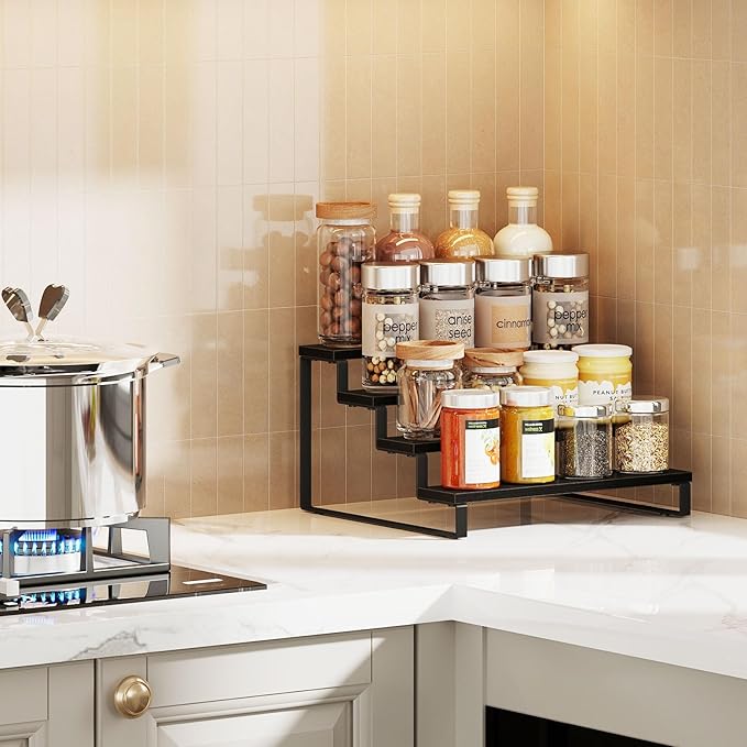 Giikin Wooden Display Stand Riser - Set of 2, 3 Tier Organizer Stand for Perfume, Cupcakes, Home & Shop, Black