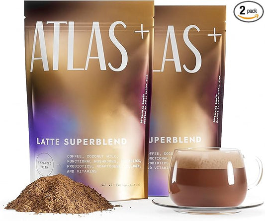 Atlas+ Latte Superblend– Instant Mushroom Coffee with Lion’s Mane, Reishi, Cordyceps, Ashwagandha, Probiotics, Vitamin D3 & B12, Coconut– for Energy, Focus, Immunity & Gut Health– 40 Servings (2 bags)