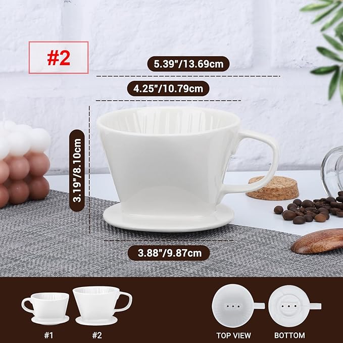 Segarty Pour Over Coffee Maker, Single Cup White Ceramic Coffee Dripper, Size No.2 Reusable Filter Cone Drip Holder Slow Brewer with 3 Holes Flat Bottom for Home, Office, Travel, Camping