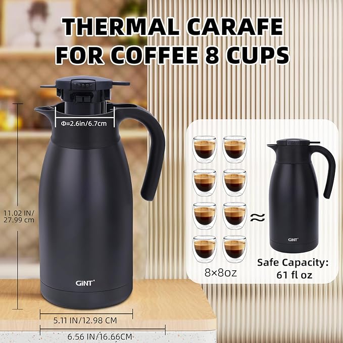 GiNT 1.9L / 64Oz Thermal Coffee Carafe, Insulated Stainless Steel Coffee Carafes for Keeping Hot/Double Walled Vacuum Thermal Carafe (Black)