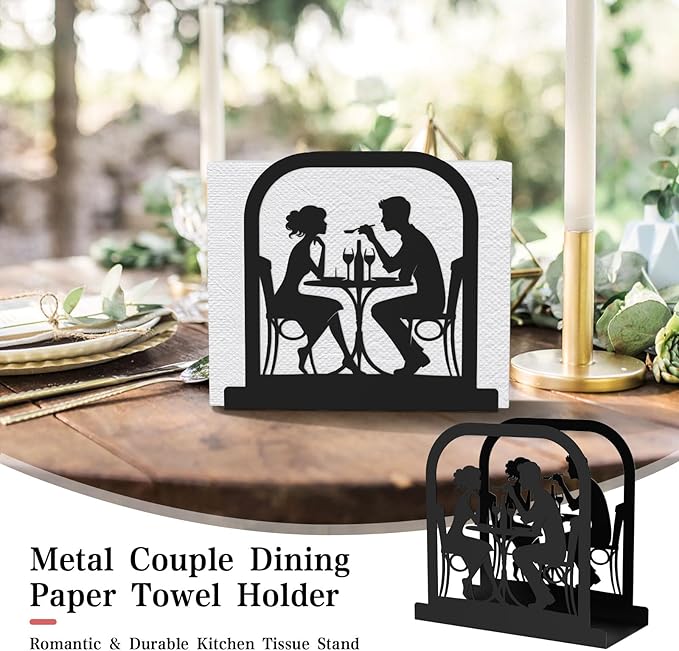 Modern Standing Napkin Holder for table, Black Metal Napkin Dispenser, Romantic Couple Meal Theme Style Napkin Holder, Suitable for Kitchen, Coffee Shop, Dining Room