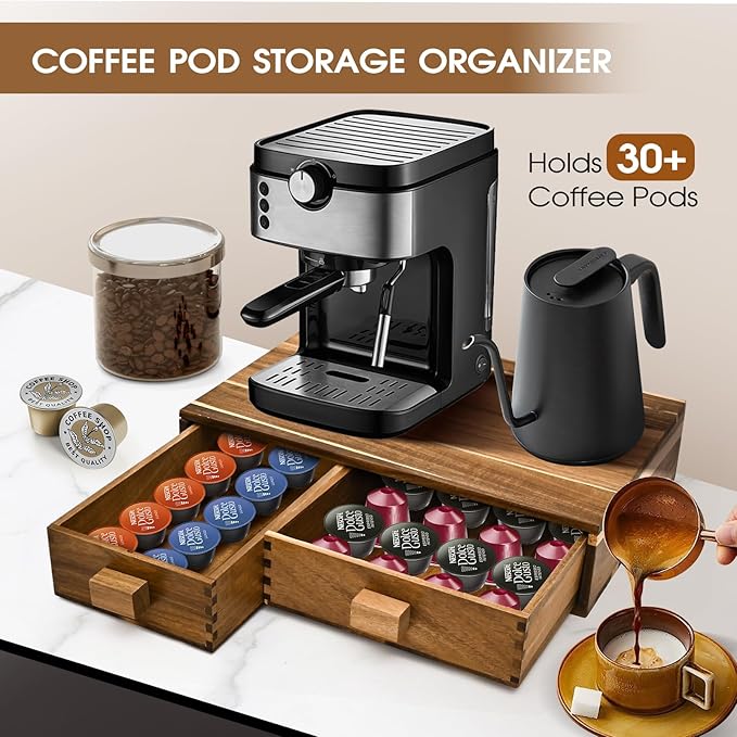 Acacia Wood K Cup Holder，Coffee Pods and Tea Bag Storage Organizer，with Two Drawers Kcup Holders for Counter，Multi-Functional Coffee Maker Stand