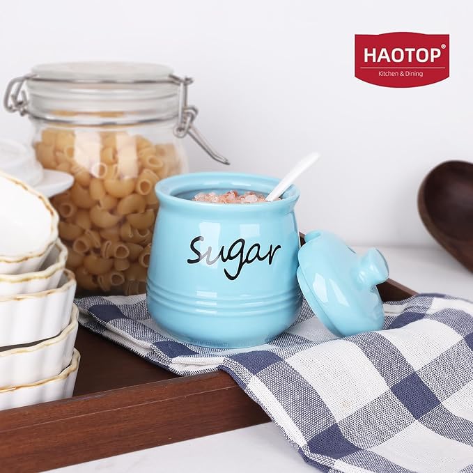 HAOTOP 12oz Sugar Bowl with Lid and Spoon,Ceramic Sugar Jar Sugar Dispenser Sugar Container Coffee Bar Accessories, Kitchen Countertop Canisters,Turquoise