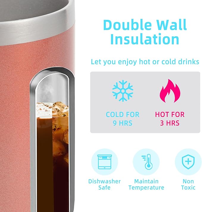 Volhoply 14oz Insulated Stainless Steel Coffee Mug with Lid Bulk 4 Pack,Double Wall Vacuum Travel Coffee Cup with Handle,Reusable Cups Tumbler Cup,Camping Mugs Keep Hot,Ideal Gifts(Rose Gold,4)