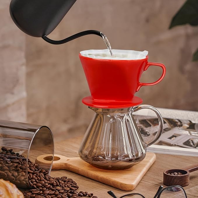 Handmade Pour Over Ceramic Coffee Dripper - Authentic Brewing Experience for Camping, Office, and Home (Red)