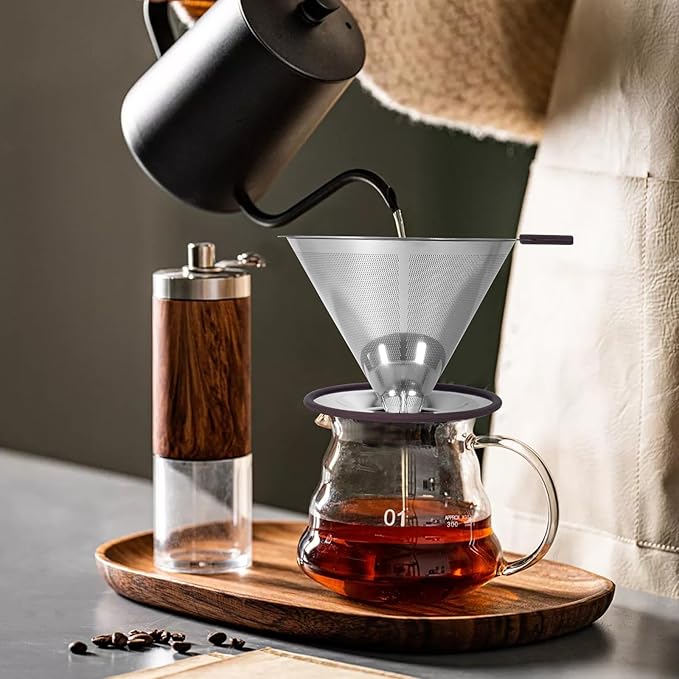 Pour Over Coffee Dripper Pour Over Coffee Filter, Cone Stainless Steel Reusable Paperless Double Layer Mesh Cup Metal Fine Mesh Strainer Slow Drip Portable with Stand & Cleaning Brush Camping