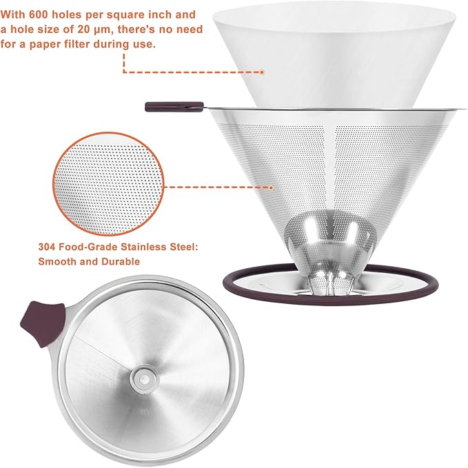 Pour Over Coffee Dripper Pour Over Coffee Filter, Cone Stainless Steel Reusable Paperless Double Layer Mesh Cup Metal Fine Mesh Strainer Slow Drip Portable with Stand & Cleaning Brush Camping