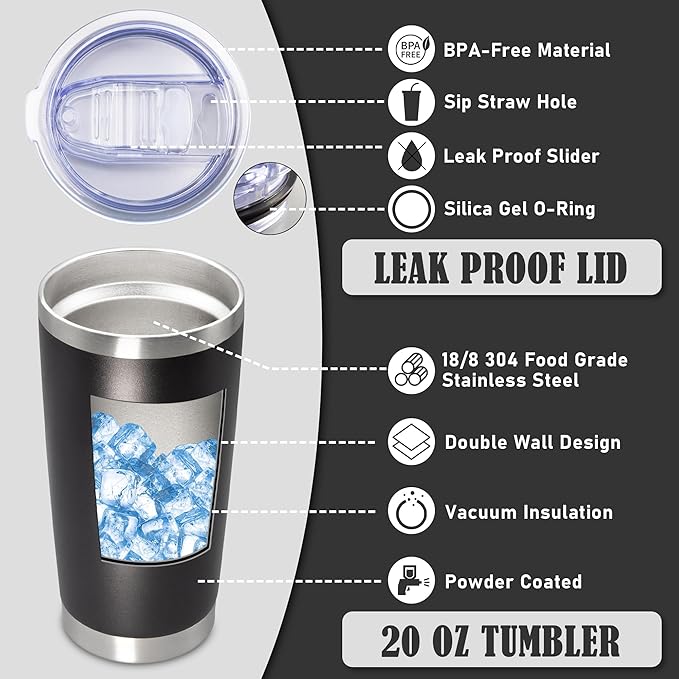 20 oz Tumbler Coffee Travel Tumblers Bulk with Lid Stainless Steel Double Wall Vacuum Insulated Mug Powder Coated Cups fit Car Cupholder for Hot and Cold - Black, 8Pack